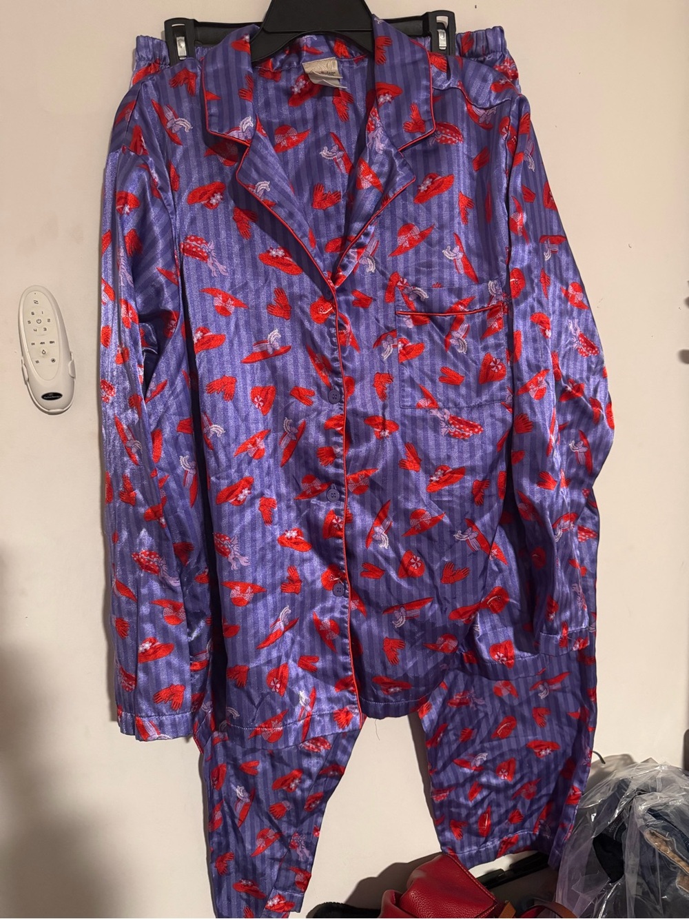 Y2K Jenny Buchanan Purple Striped Red Hat Print Silky PJ Set XL Top & Bottom GUC